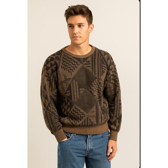 Mens Barnaby Acrylic Leather Grandpa Vintage Sweater Brown Black Large - Picture 1 of 9